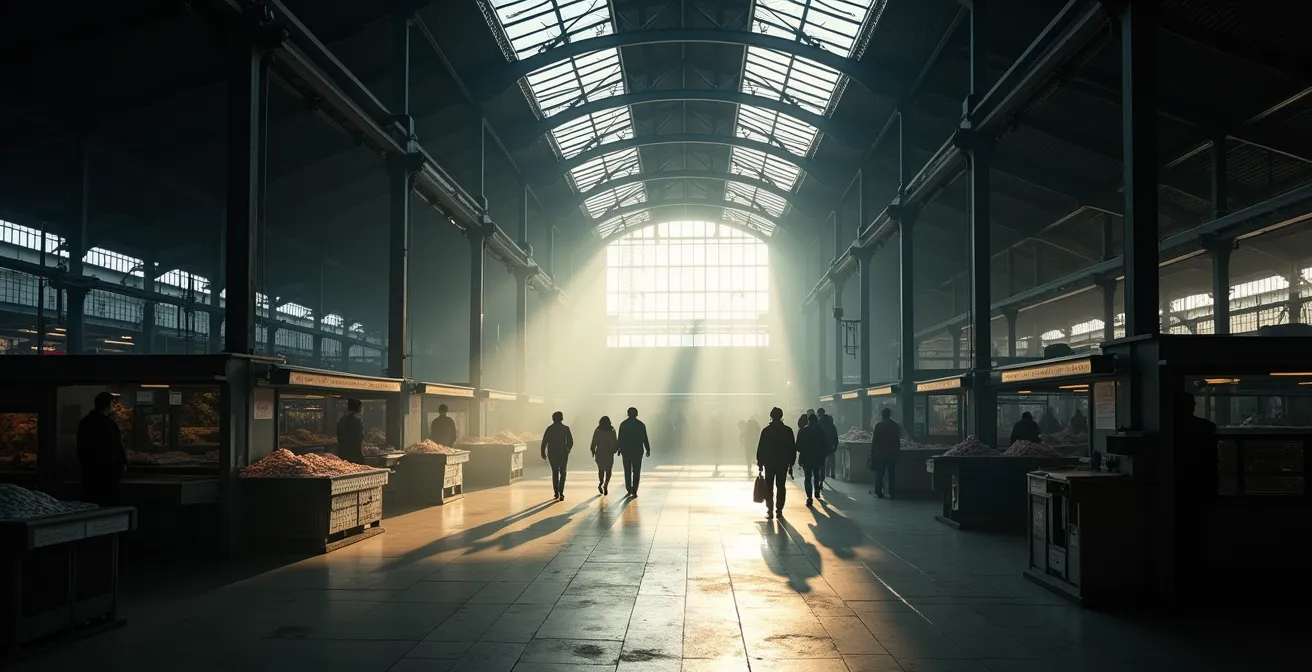 Vue d'ensemble d'une halle aux poissons moderne avec architecture métallique