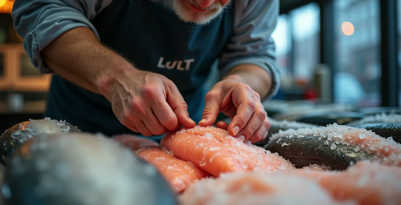 Mains d'un expert examinant la fraîcheur d'un poisson
