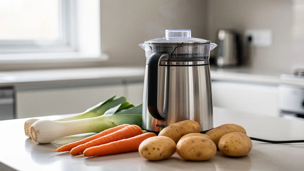 Blender chauffant en fonctionnement avec légumes frais sur plan de travail