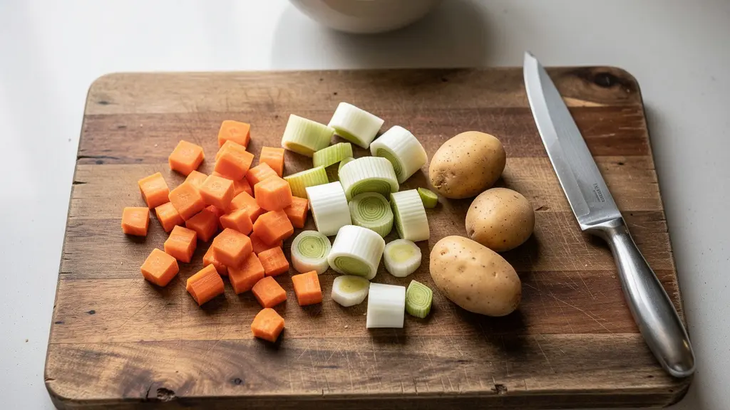 Légumes frais découpés en cubes réguliers pour soupe au blender chauffant