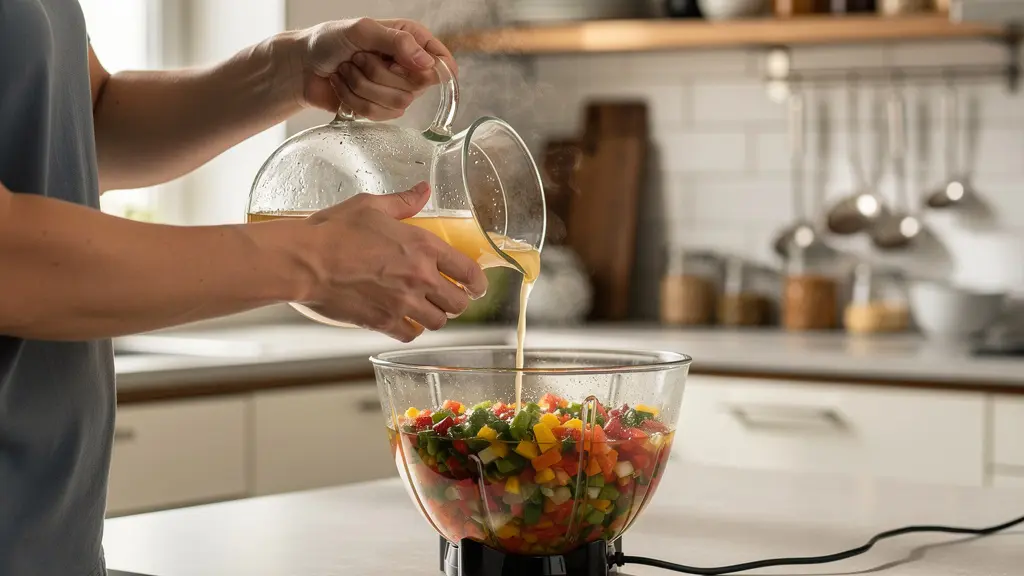 Préparation de soupe maison avec ajout de bouillon dans blender chauffant