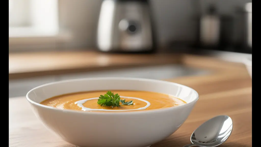 Soupe veloutée orangée servie dans bol blanc avec garniture et blender en arrière-plan